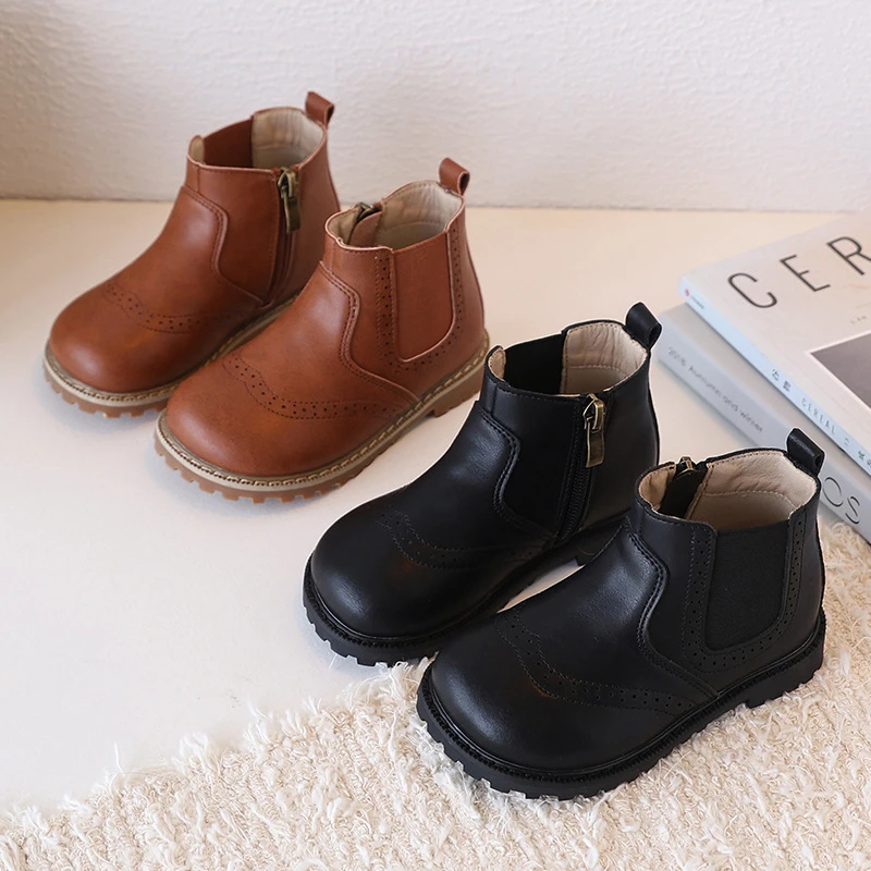 儿童马丁靴复古靴子英伦风男童单靴秋冬季加绒防滑宝宝靴女童短靴