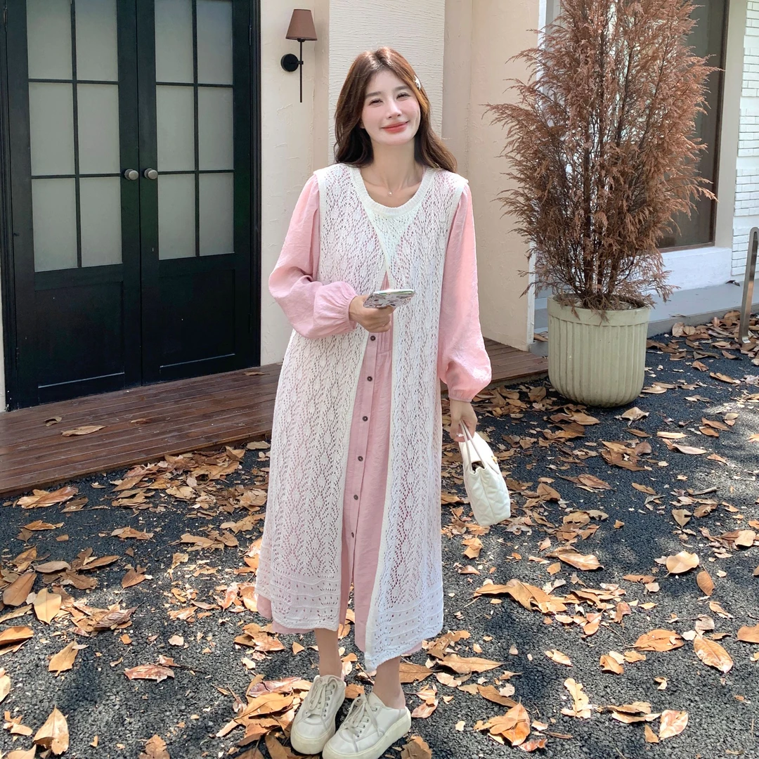 粉色日系叠穿连衣裙套装女2025早春新款甜美镂空马甲衬衫裙两件套