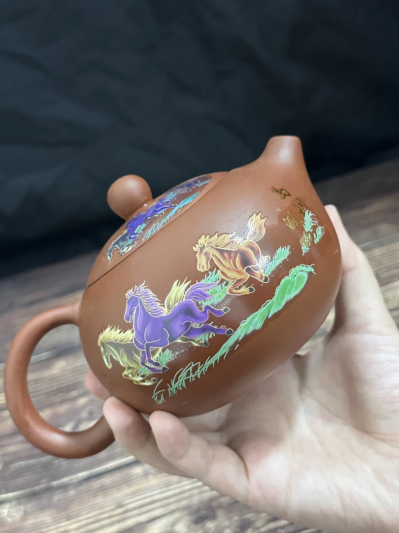 大西施朱泥紫砂壶茶壶茶杯马到成功八骏图大容量遇热变色凤鸣断水