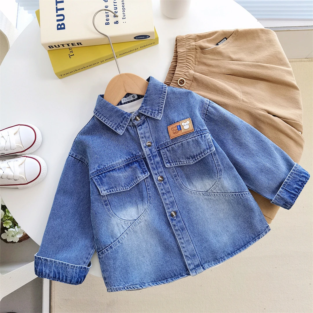 2025春款港风潮款男童牛仔衬衫外套儿童长袖衬衣小童春秋宝宝上衣