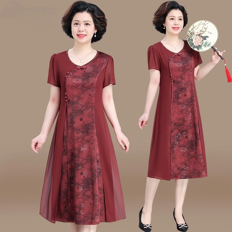 妈妈连衣裙夏装喜婆婆婚宴装改良旗袍中老年女装夏季雪纺国风裙子