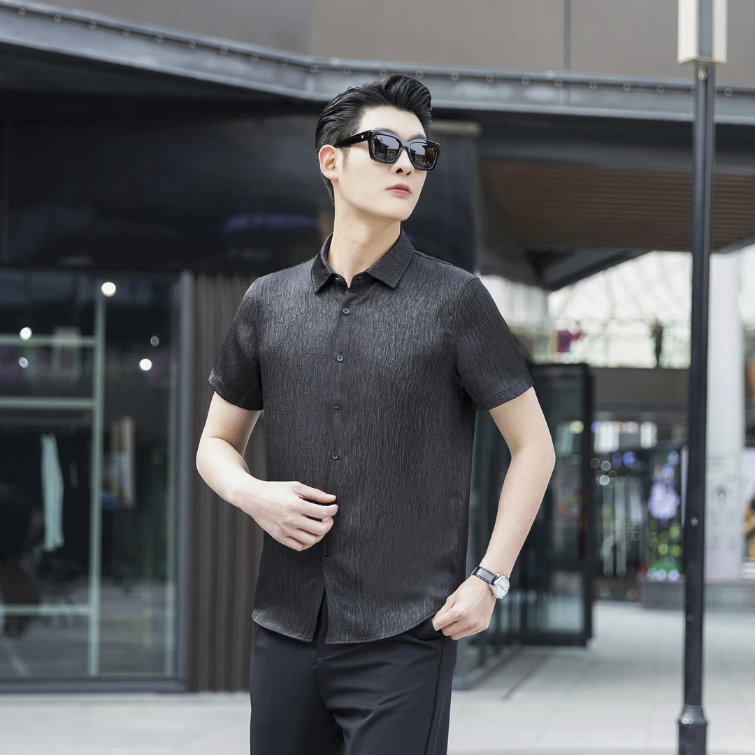 【正品香云纱】2025年男士夏季薄款天然调温宽松桑蚕丝短袖衬衫807