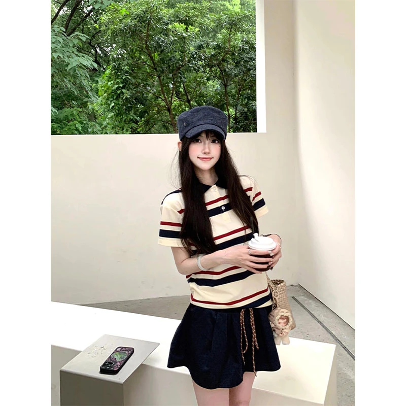 韩系慵懒风休闲套装条纹翻领短袖T恤女夏季纯色抽绳半身裙两件套