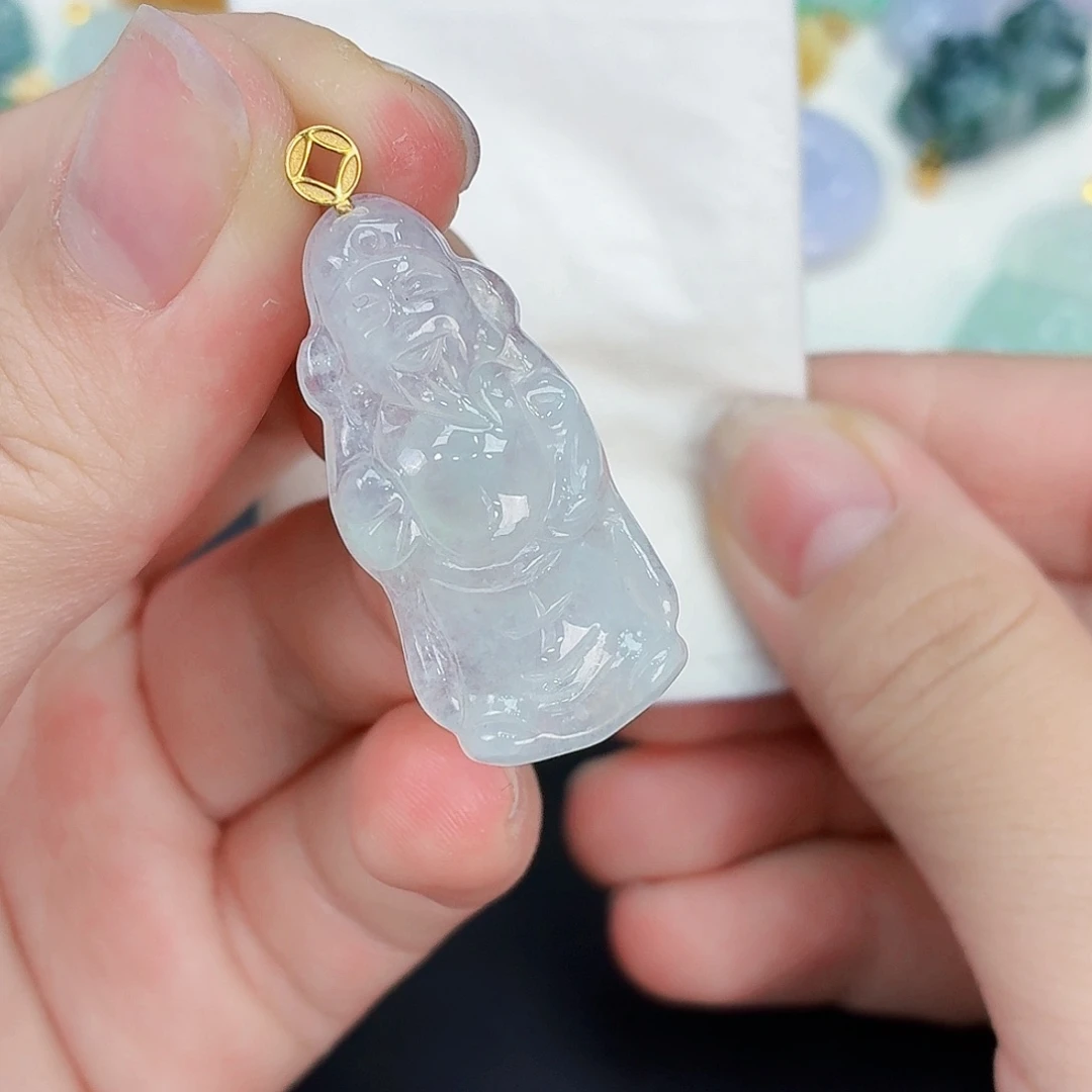 翡翠18K金镶嵌颈饰财神爷吊坠