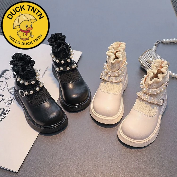 品牌小黄鸭女童短靴儿童皮鞋马丁靴秋冬新款靴子女宝宝袜靴二棉鞋