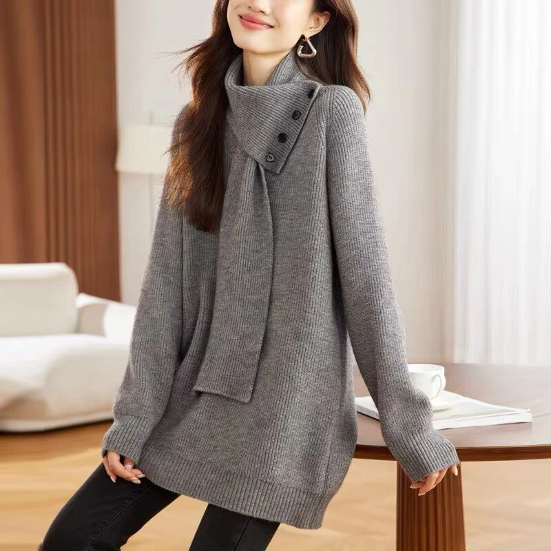 （围脖可拆卸)围脖毛衣女中长款秋冬新款慵懒风配大衣针织打底衫女