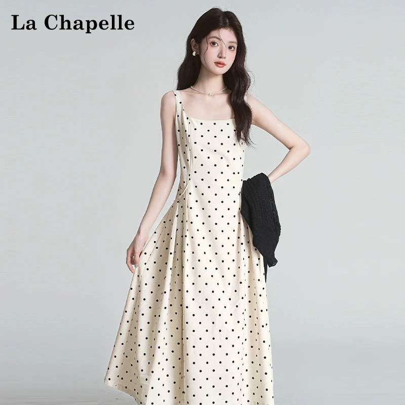拉夏贝尔法式背心吊带裙波点连衣裙女2025夏季新款气质时尚长裙子