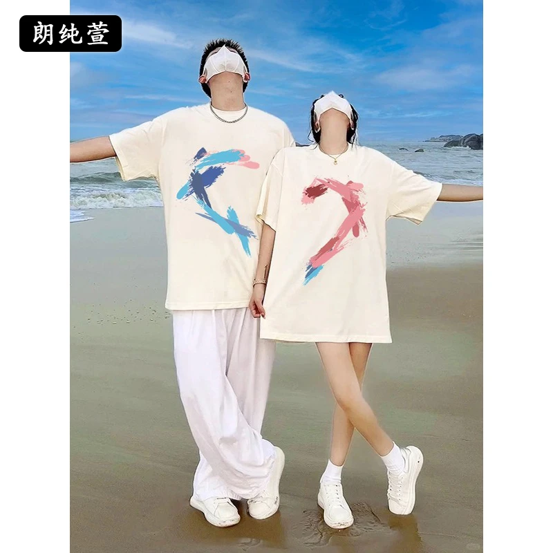 两件！朗纯萱涂鸦爱心情侣装纯棉短袖T恤夏季圆领上衣一男一女半袖