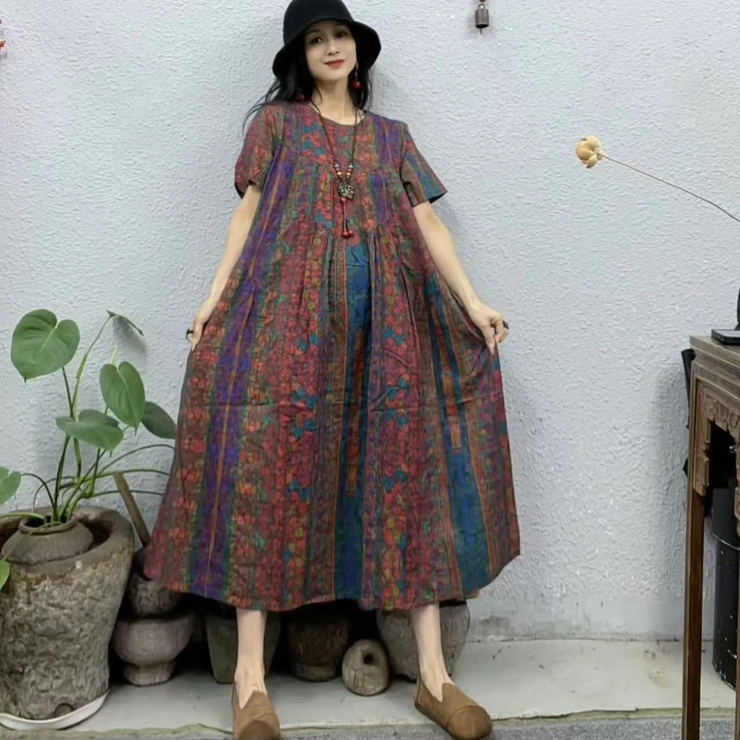 30382红竖条拼两三角两侧打皱棉麻圆领连衣裙（长115胸围114