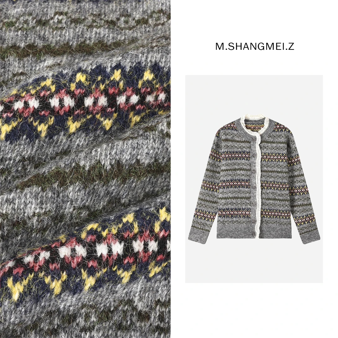 M.SHANGMEI.Z/沐熙美大哥复古菱形格拼色花边开衫毛衣X10M2183