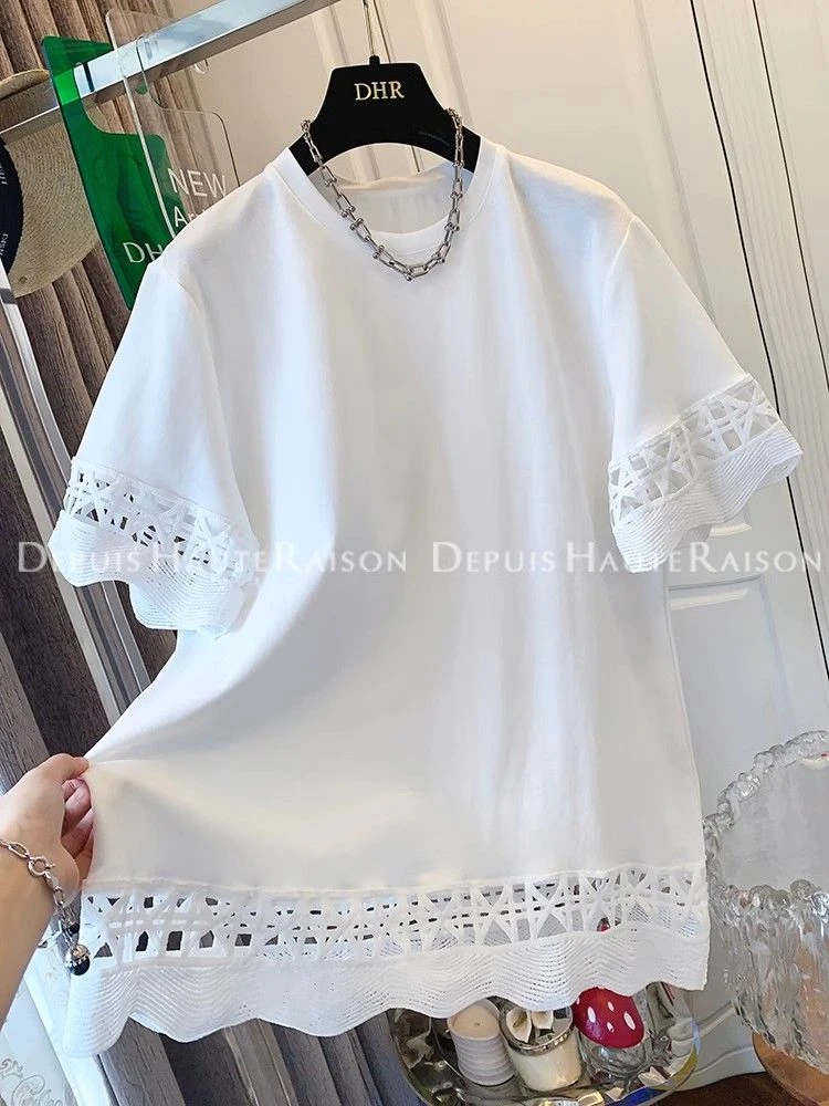 法式薄款设计气质镂空蕾丝钩花短袖T恤宽松上衣女夏季时尚百搭