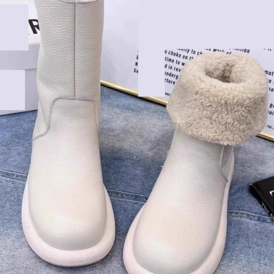 欧货2025冬季新款纯皮奶茶色马丁靴女平底网红两穿雪地靴加绒短靴