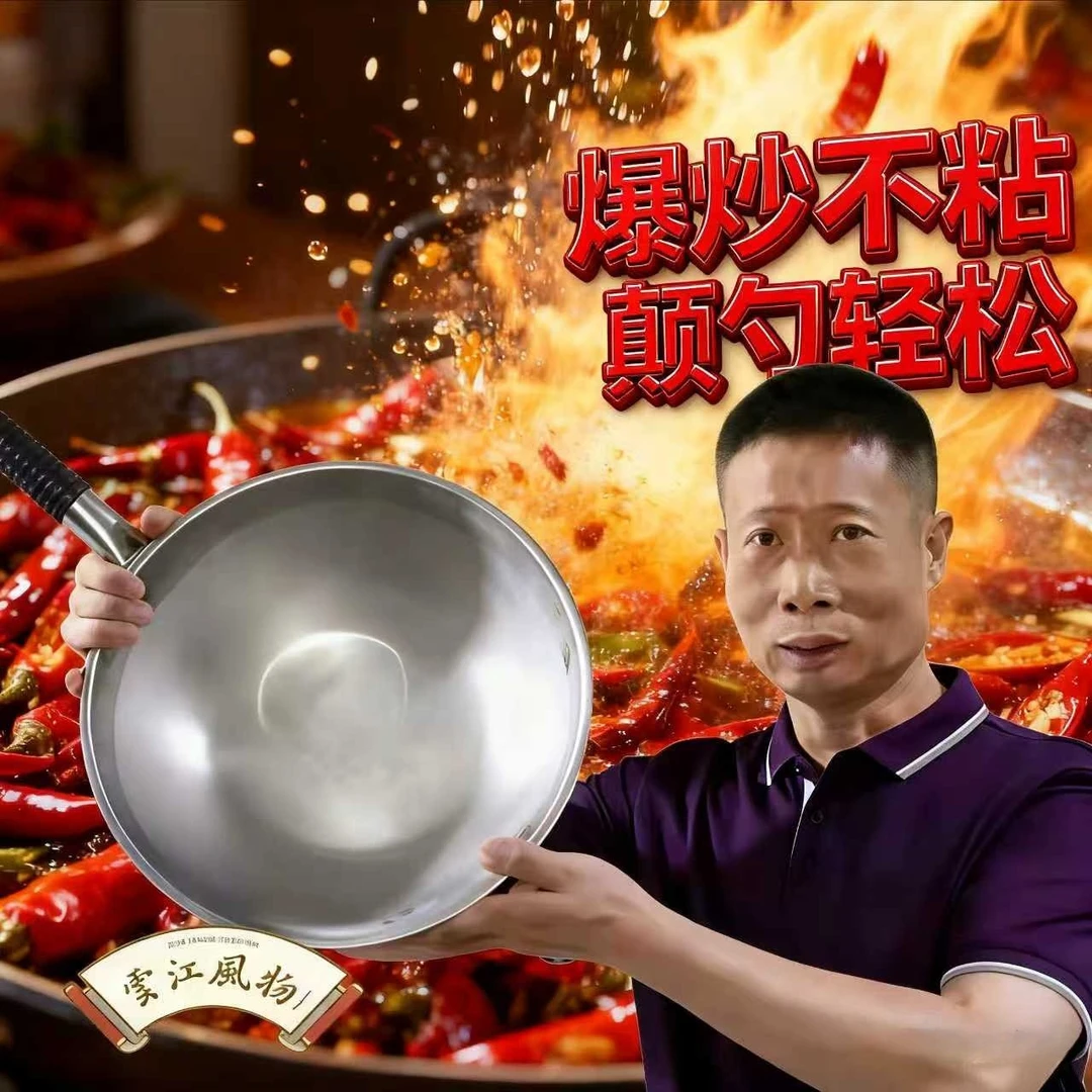 瑞安传统老式铁锅炒菜铁锅不锈钢炒锅可用20年短视频同款大马勺用