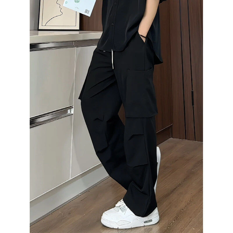 夏季新款工装大码休闲裤多口袋冰丝垂感直筒百搭