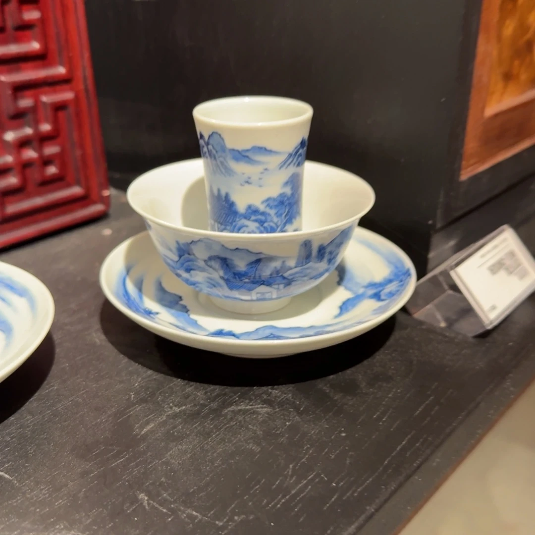 Y***a瓷片青花山水三件套