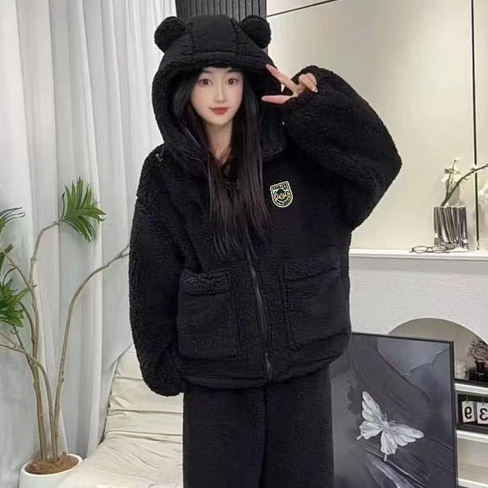 【北羔绒加厚】睡衣女秋冬季加绒连帽保暖拉链款睡衣可外出家居服