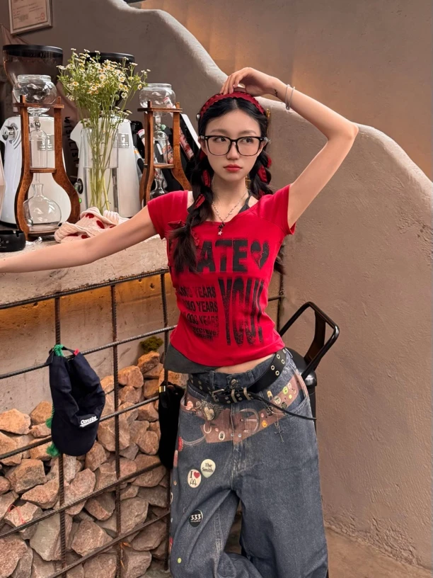 美式复古辣妹风短款假两件短袖T恤印花夏季露脐复古百搭显瘦休闲