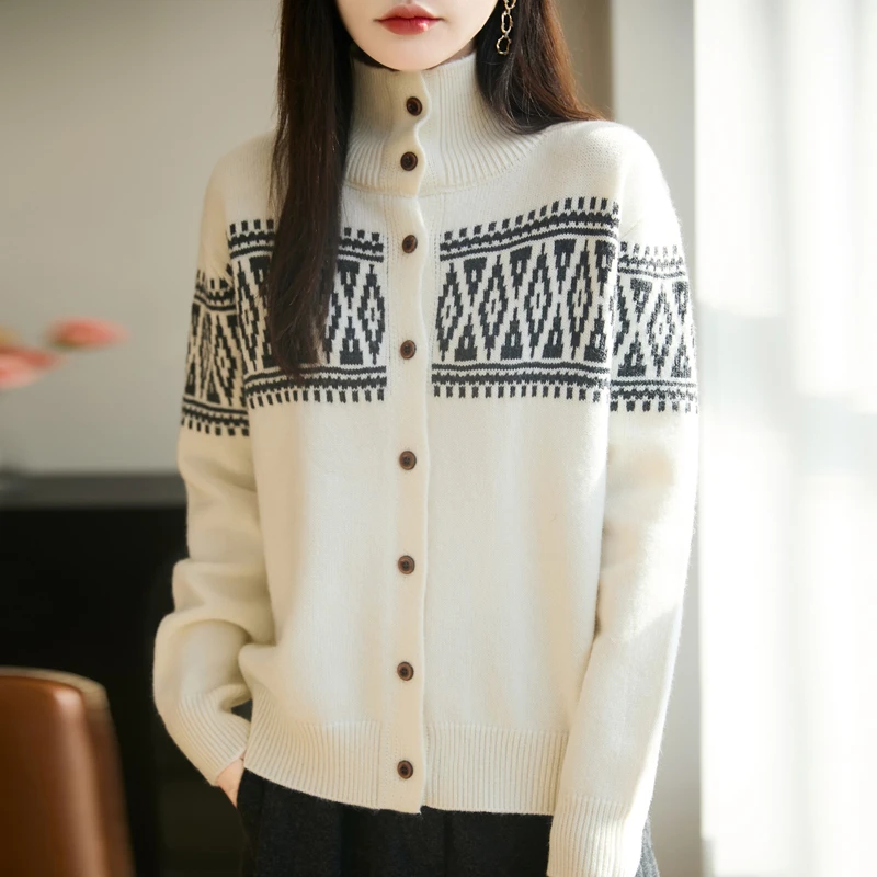 高领费尔岛提花毛衣打底针织开衫外套女秋冬加厚保暖立领内搭上衣