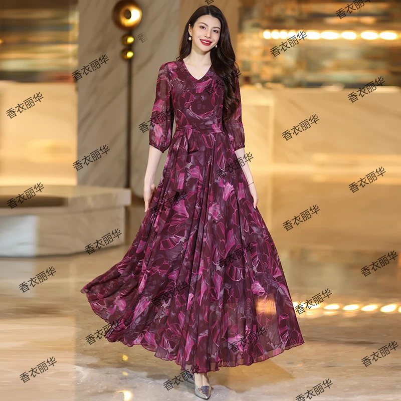 香衣丽华09-330长款V领数码印花9分袖过膝大摆连衣裙修身显瘦长裙