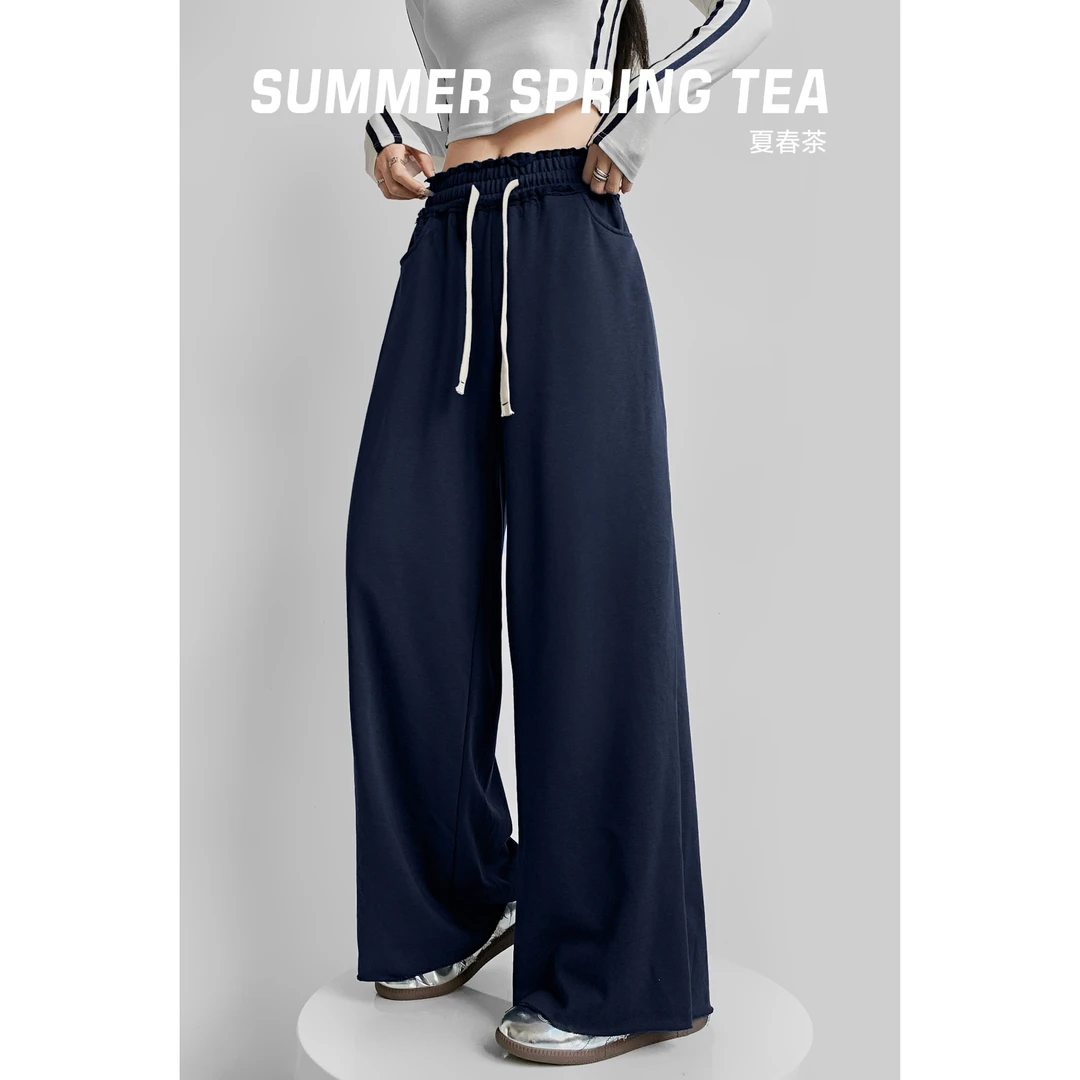 夏春茶运动高腰宽松显瘦休闲裤女2024秋季新款阔腿拖地卫裤潮ins