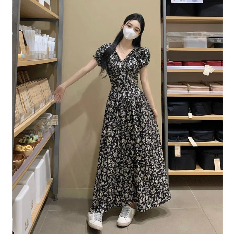 新款复古气质新款显瘦大码夏季法式碎花领收腰两穿连衣裙女