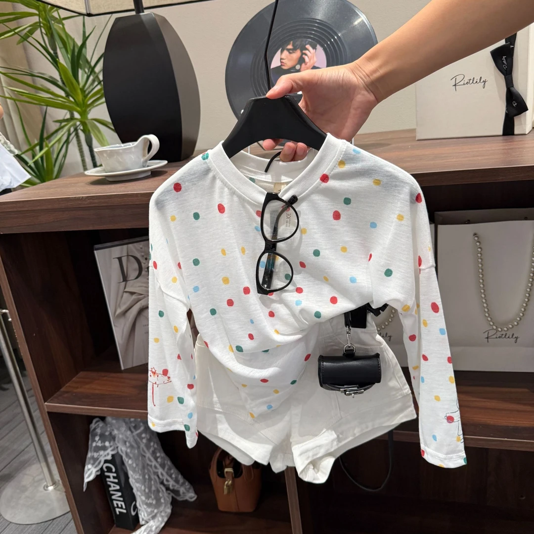 韩版童装女童夏装套装2025新款休闲彩色波点防晒罩衫上衣女童套装