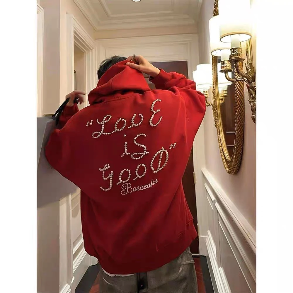 【桃子】美式复古小众设计感钉珠字母连帽卫衣新款爆款宽松情侣上衣