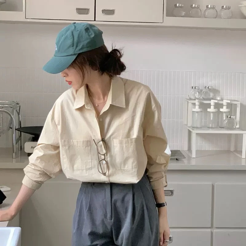 2062女士长袖宽松大版法式衬衫带口袋纯色上衣