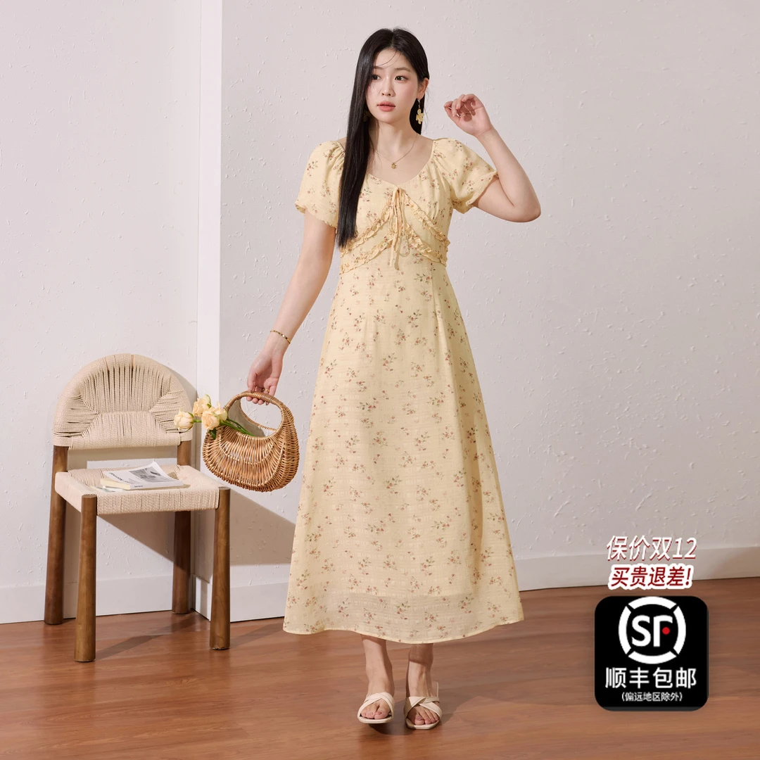 蓝语大码女装法式优雅V领收腰碎花连衣裙夏季度假绝美茶歇裙13620
