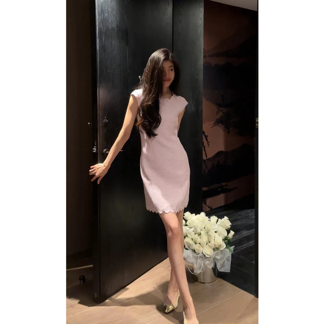 【N·COU】25夏新款【半糖味甜】编织肌理感小香波浪边连衣裙DY60