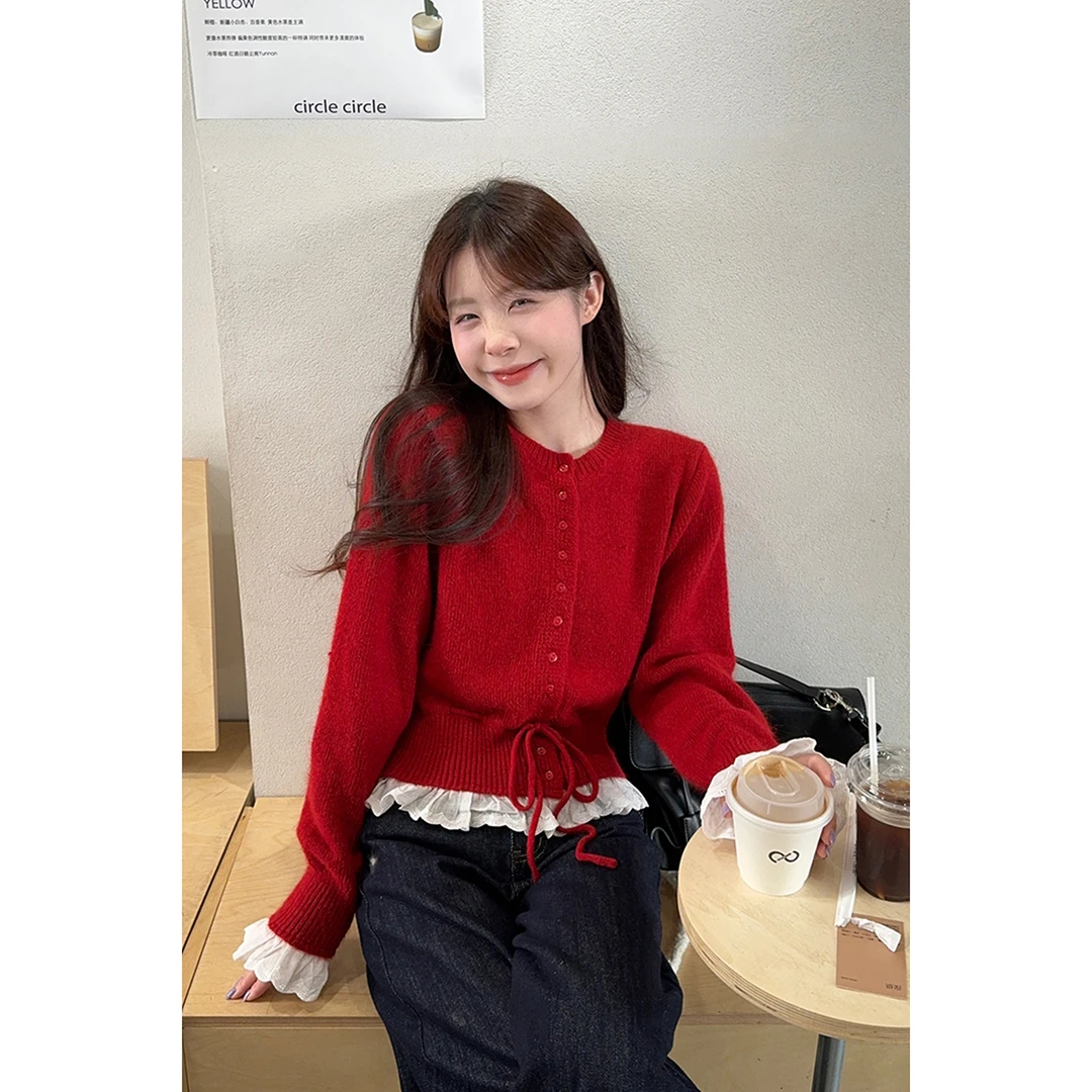 春季新款上衣韩版V领荷叶边蕾丝拼接微喇针织开衫女春款薄款外套