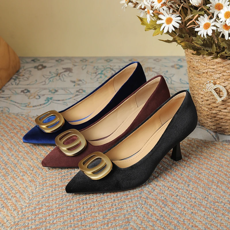2025新款早春尖头浅口高跟鞋绒面气质优雅金属扣百搭职业1350-22