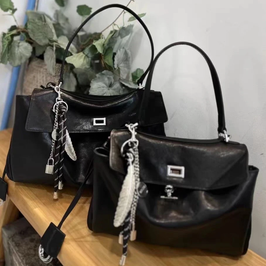 多层款多隔层扣式托特包单肩包三根黑色双根植糅