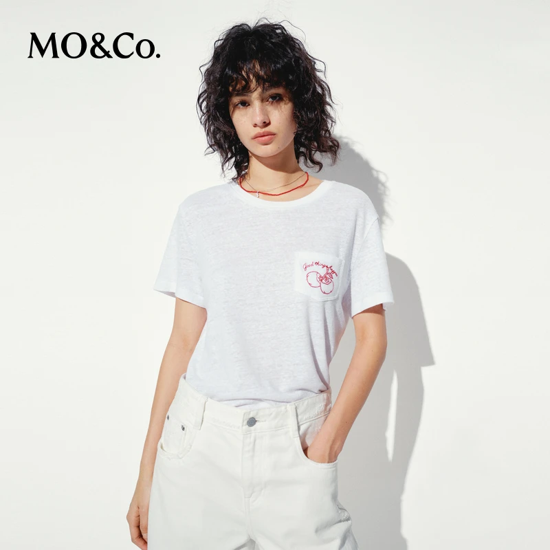 MOCO新中式T恤2025夏新品《好柿成双》刺绣短袖含亚麻MBE2TEE019