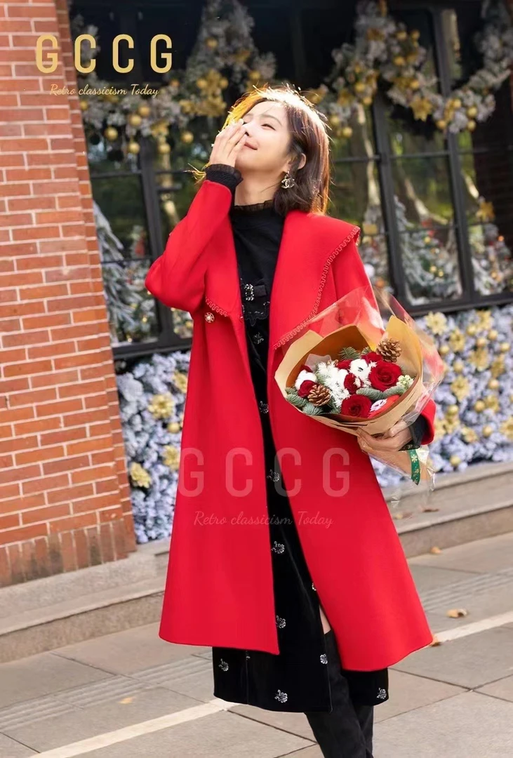 轻奢知N恩中国红双面呢大翻领外套  2525