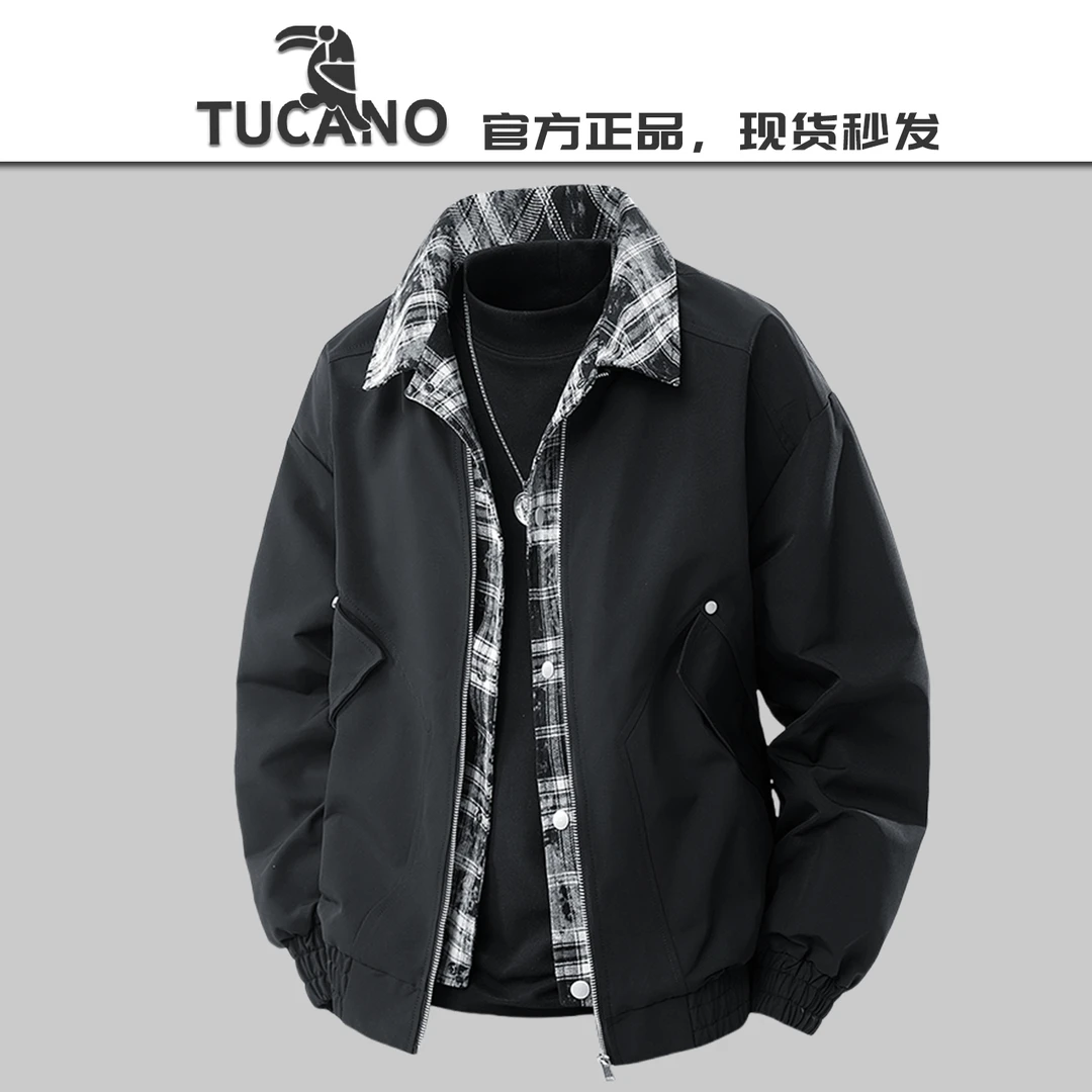 啄木鸟假两件翻领夹克男士春秋季2025新款美式宽松大码休闲外套男