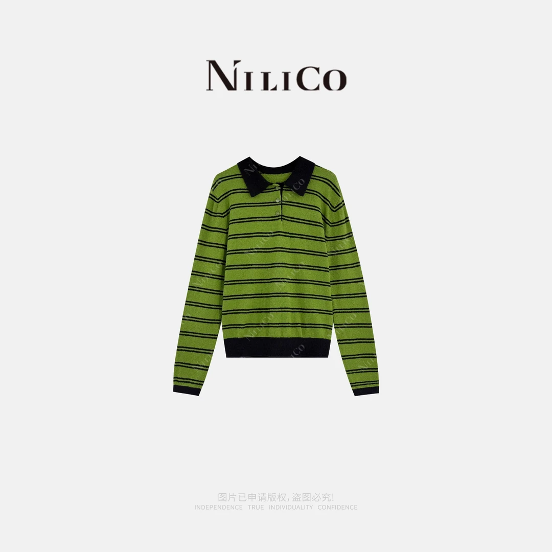NILICO【元气缪斯】条纹撞色POLO领精梳棉百搭显瘦套头毛衣