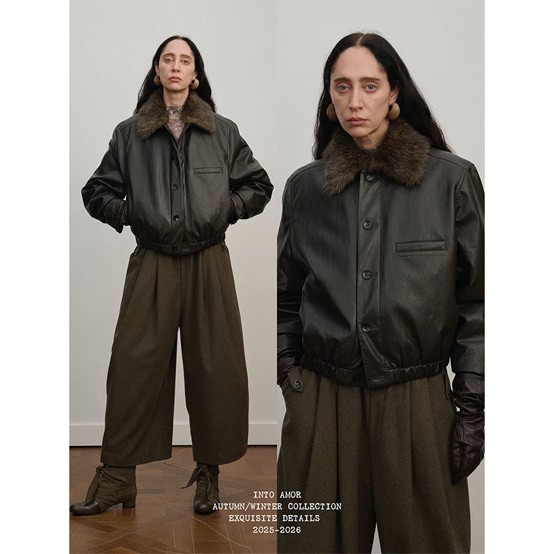 INTO AMOR冬季女老钱风环保皮环保皮草可拆卸毛领短款夹棉外套