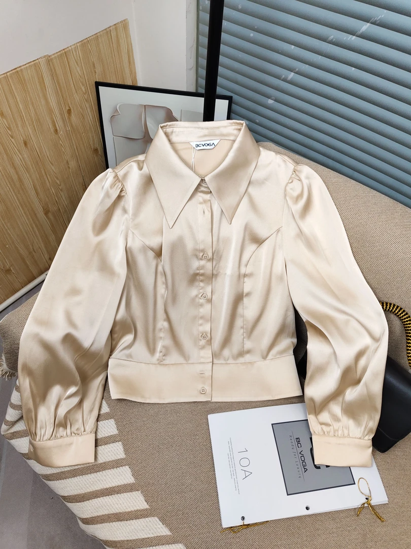 法式复古纯色长袖暗纹收腰修身衬衫轻奢气质百搭