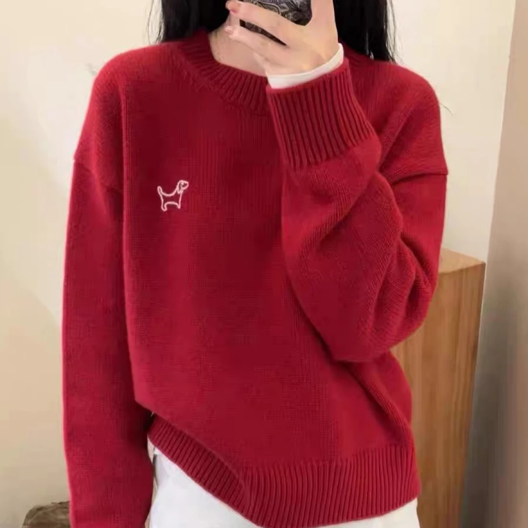 FT2423新年红色小狗刺绣纯羊毛衫女圆领毛衣宽松百搭针织打底衫