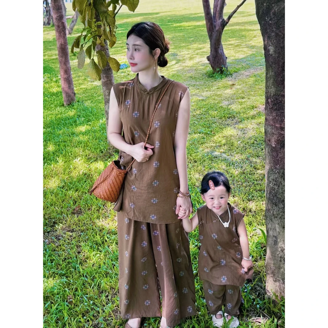 【BLUEXIXI】人棉套装棉绸背心儿童人造棉亲子装女童两件2025380