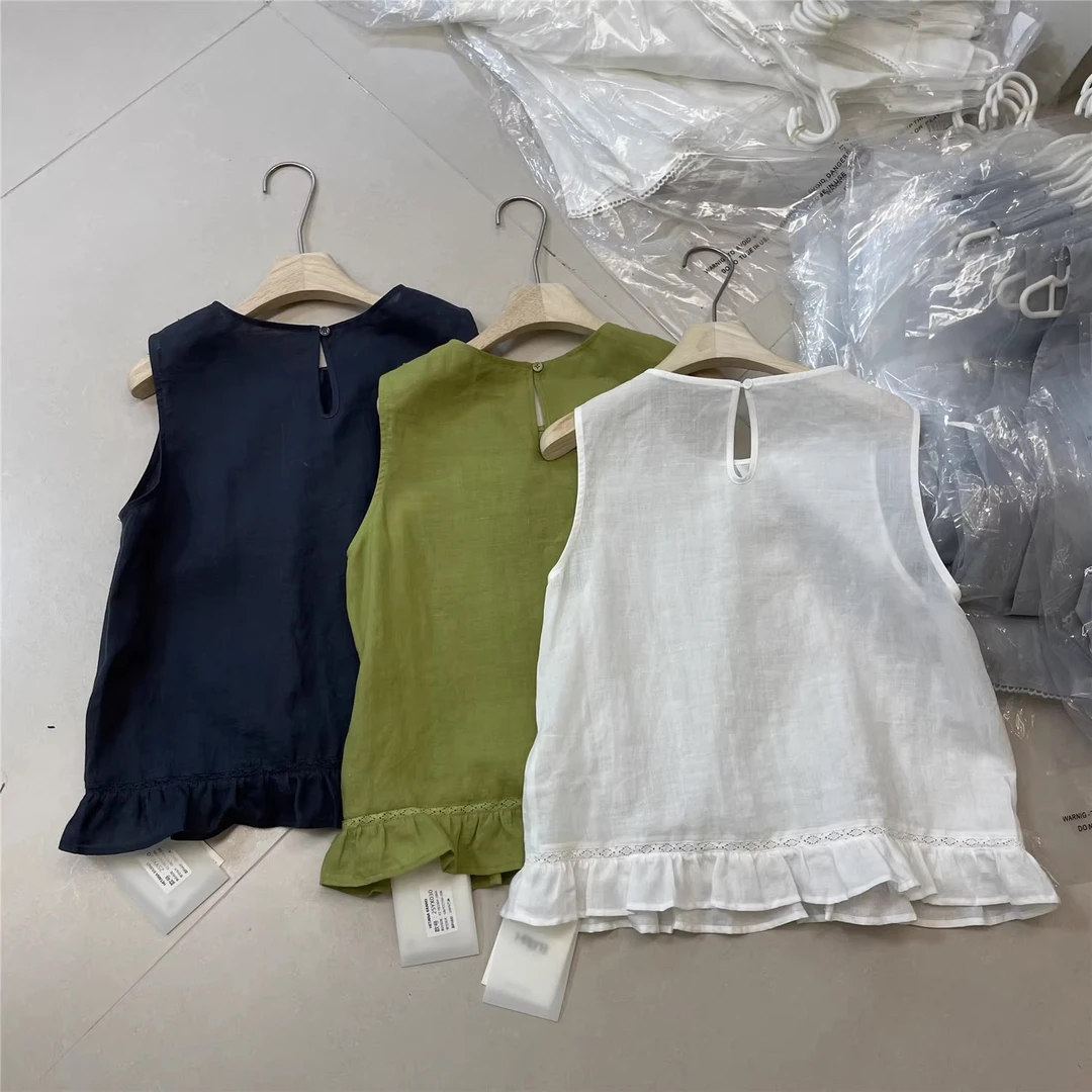 1219纯棉法式韩系设计感蕾丝接拼荷叶边下摆无袖背心衬衫衬衣OL