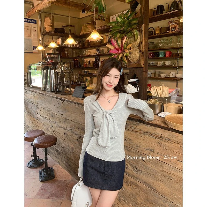甜美风海军领系带长袖T恤女装2025秋季新款别致减龄显瘦条纹上衣