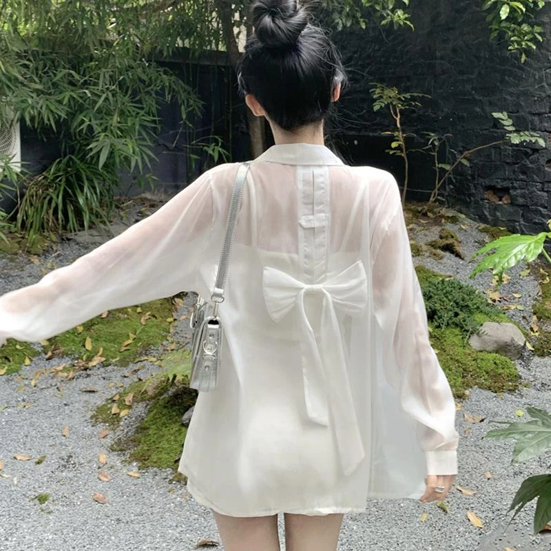 设计感蝴蝶结防晒开衫薄款女衬衫吊带连衣裙外搭罩衫夏季冰丝外套