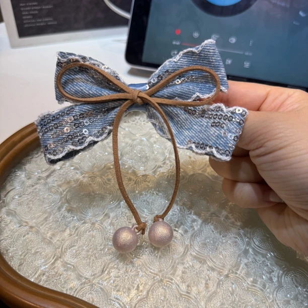 8123牛仔蝴蝶结发夹边夹