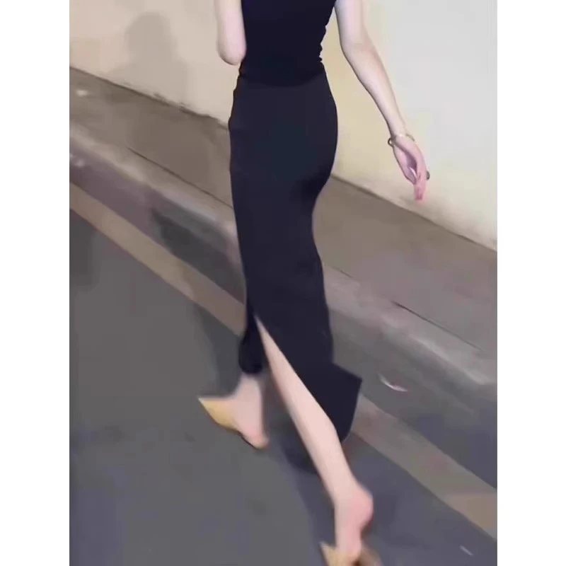 芯娇晴黑色半身裙女士夏季新款高腰显瘦包臀长裙通勤开叉一步裙子