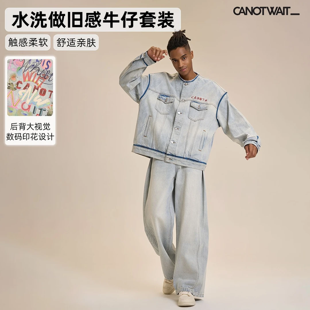 CANOTWAIT_陈伟霆做旧彩色印花圆领牛仔夹克休闲春秋季潮流情侣