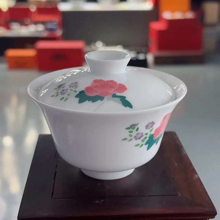 芙蓉高温高白泥手绘款二才盖碗