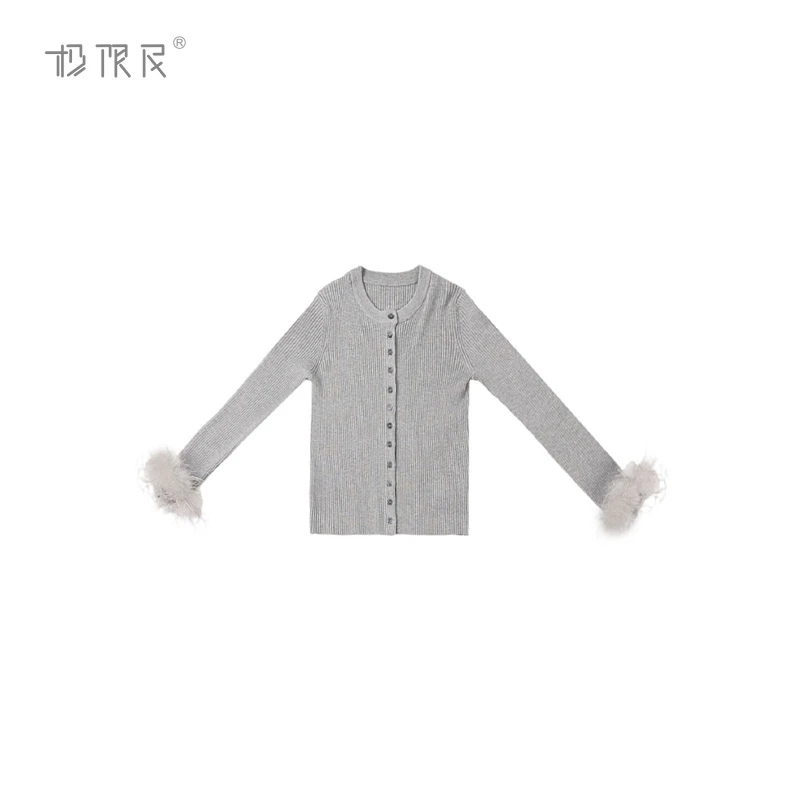 极限民《灰韵》春季欧若风气质显瘦刺绣羽毛毛衫F5114F0501