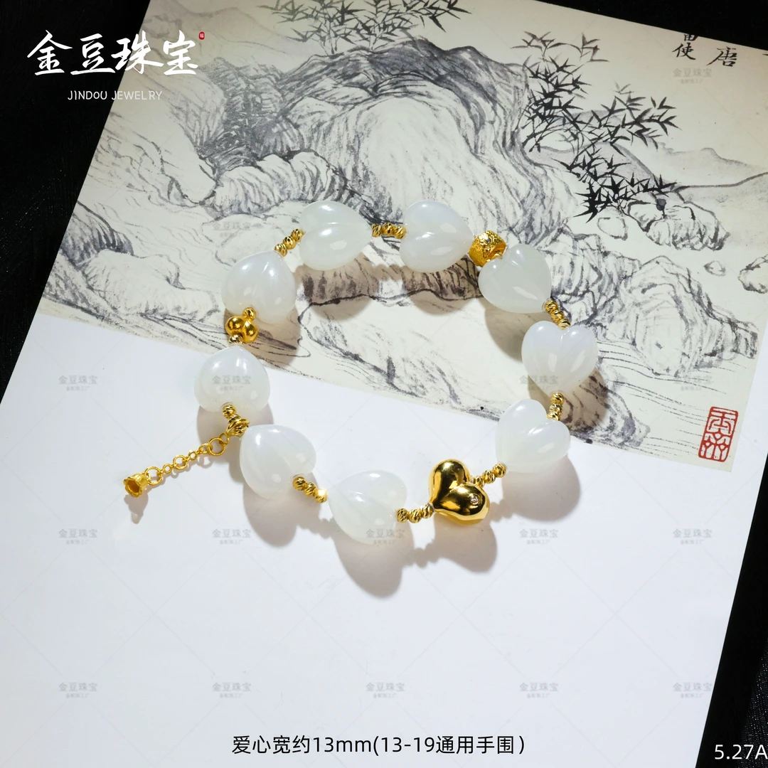 【专享】月满西楼||18K金天然豪镶爱心羊脂白玉爱心手串和田玉单圈A